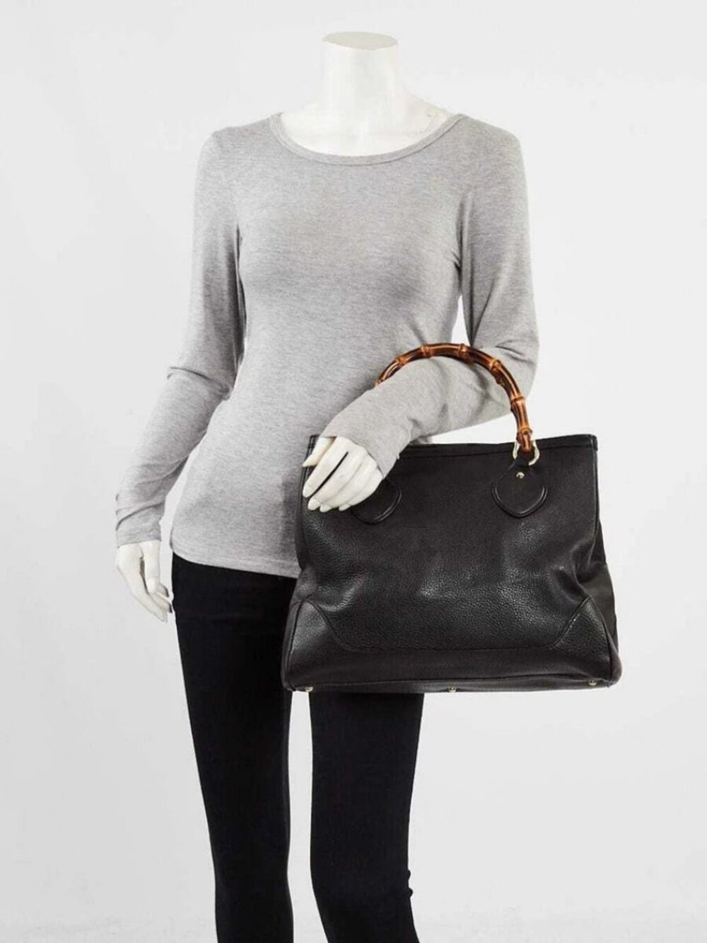 Gucci Black Pebbled Leather Bamboo Diana Top Handle Tote Bag